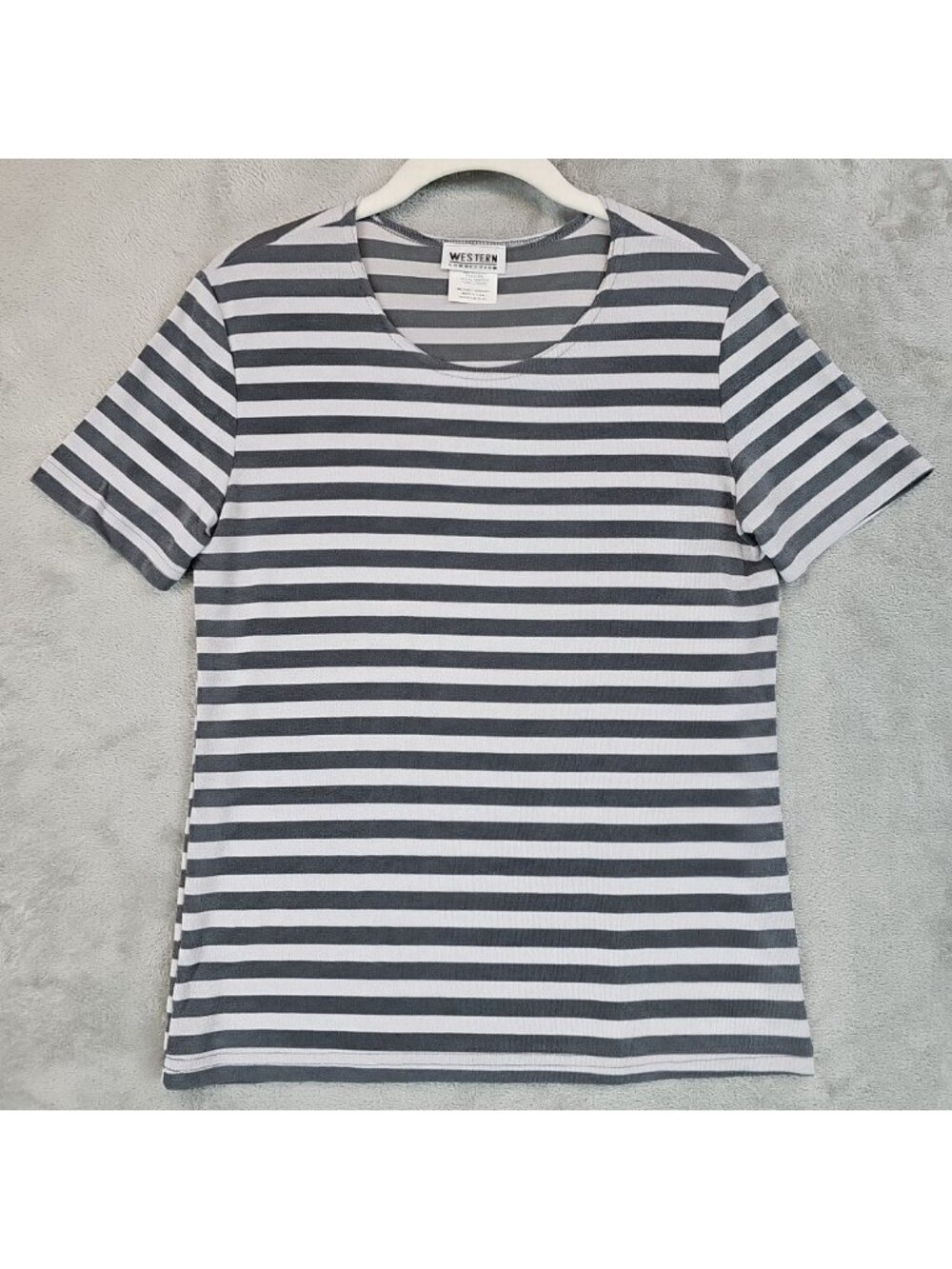 Vintage Western Connection T-Shirt Womens M Gray Striped Crew Neck Short Sleeve